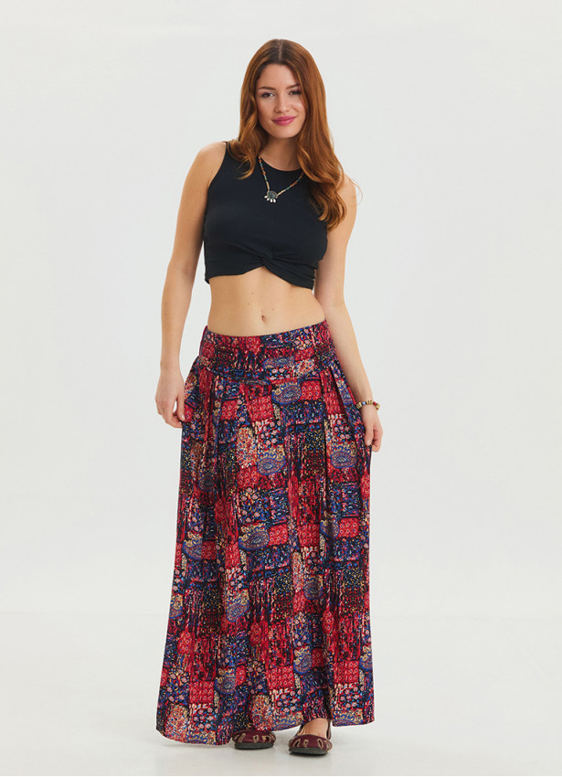 Red Ethnic Skirt with Elastic Waist and Drape Detail 4492